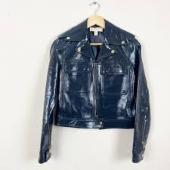 Michael Kors Midnight Blue Lamb Leather Crinkle Moto Jacket Size 6 - Picture 3 of 5